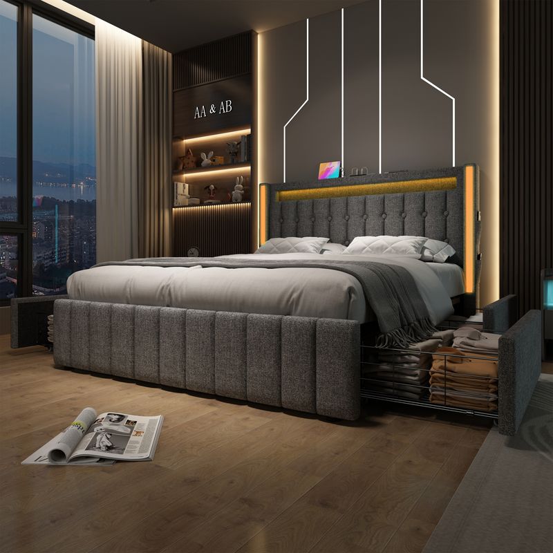 Lit double avec rangement et lattes en bois, chargement USB Type-C, éclairage LED et 4 tiroirs, gris (matelas non inclus). Lit enfant 140 x 200 cm._voghion.com