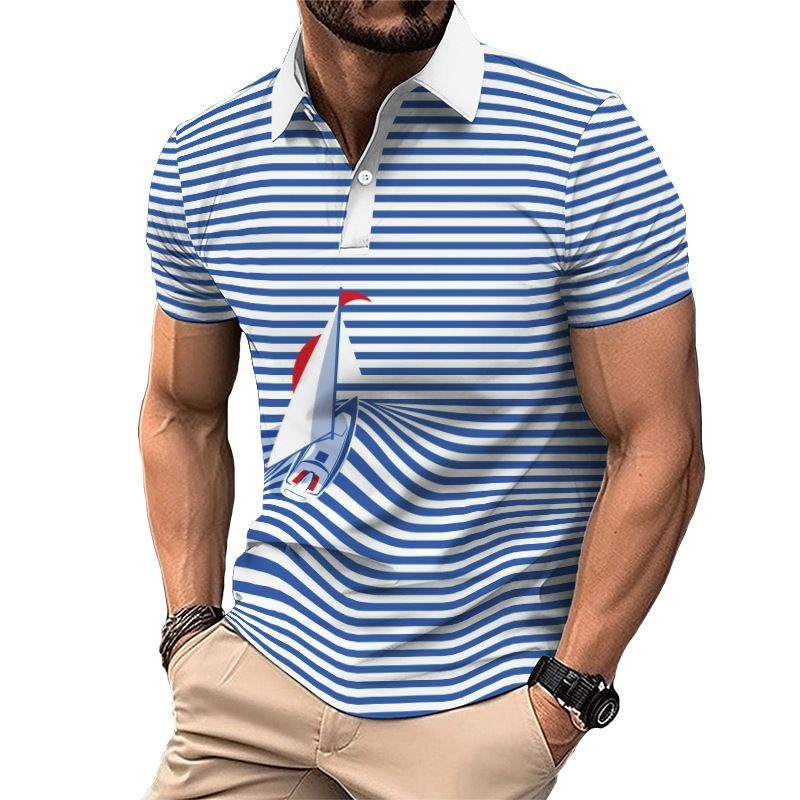 Neues Golf-Poloshirt mit Buchstaben-Aufdruck, einfarbig, 3D-Grafik, drei Knöpfe_voghion.com