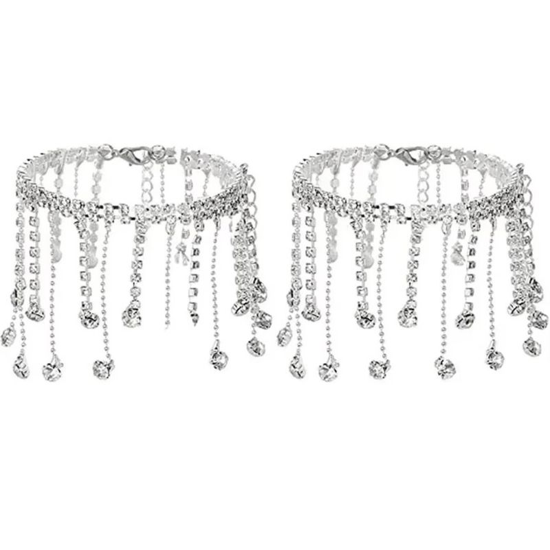 retro personality hot selling rhinestone tassel anklet ladies summer beach simple fashion double layer pendant anklet_voghion.com