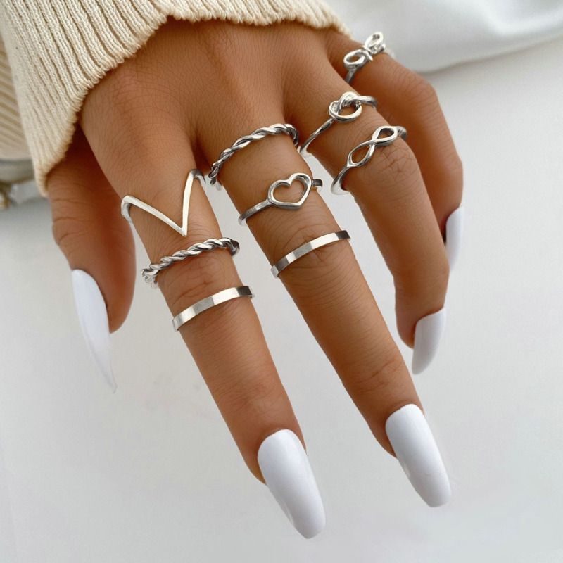 Ready Stock 8 Teil/Set Retro Böhmen Kreis Zirkon Perle Set für Frauen Elegante Vintage Herz Stern Geometrische Ring Modeschmuck_voghion.com