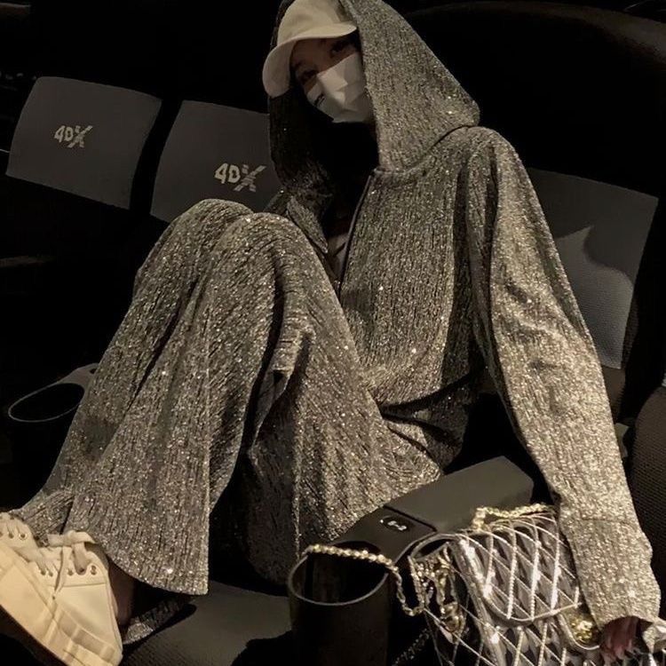 001 Modischer, hochwertiger Sportanzug für Damen, Frühling/Herbst, lässiges, locker sitzendes, figurformendes Kapuzensweatshirt mit Strasssteinen und langem Oberteil_voghion.com