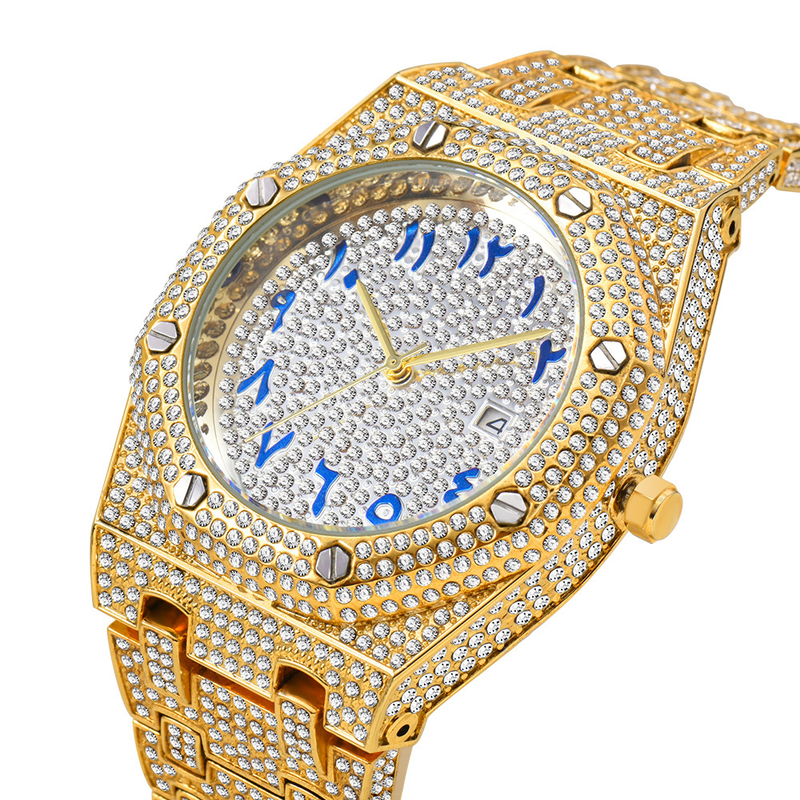 Orologio da uomo di lusso con diamanti bling, orologio al quarzo impermeabile per uomo, orologio da polso con calendario hip-hop_voghion.com
