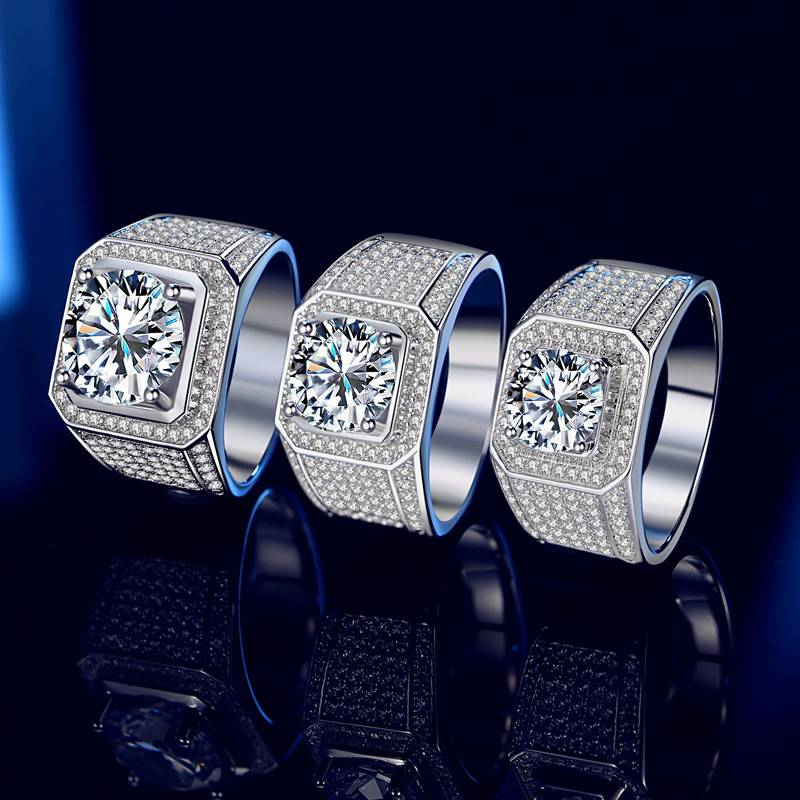Hopeatimanttikorut muoti Moissanite miesten sormus Sterlinghopea Tähtitaivas Leveä timanttisormus_voghion.com