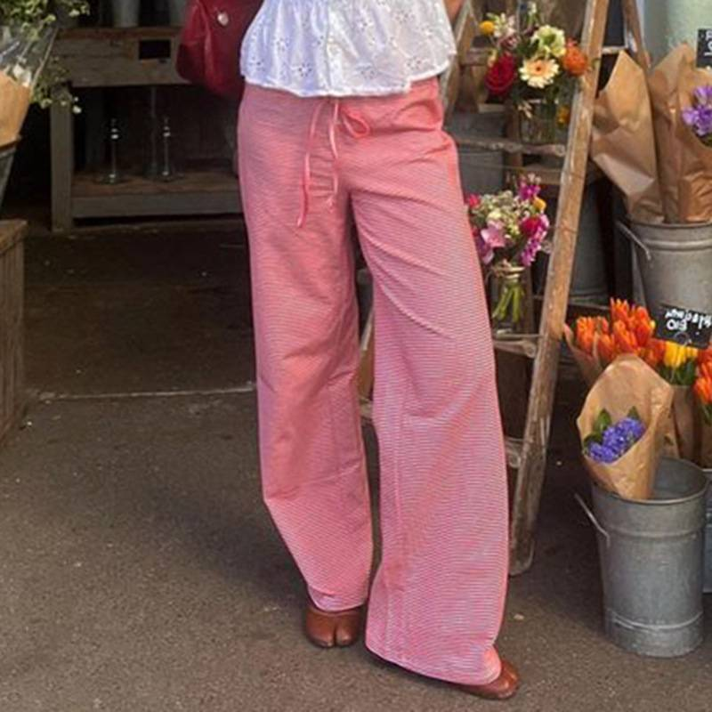 Lässige Streifen Niedrige Taille Baggy Jogginghose Kordelzug Elastische Hose Frauen Beiläufige Lose Gerade Bein Hosen Sommer Streetwear_voghion.com