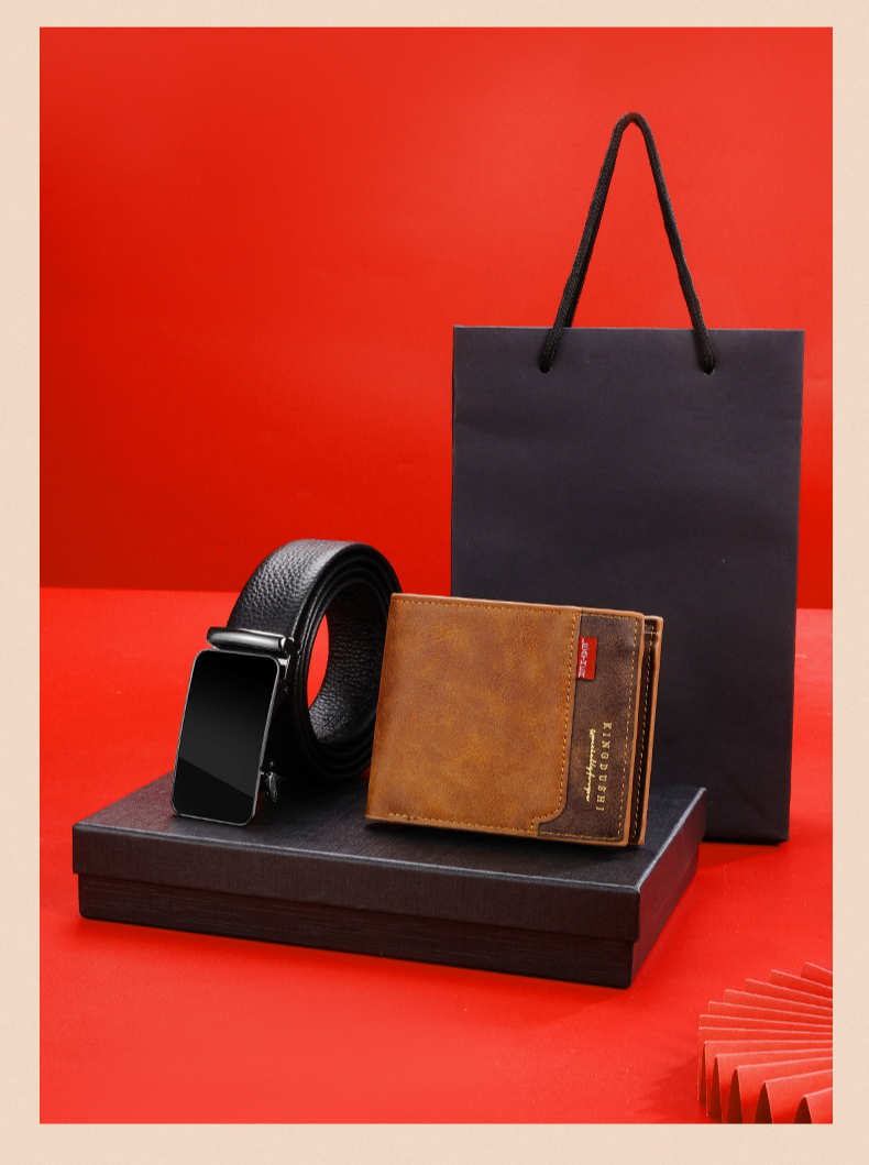 【 Gift Box Set 】 Men's Belt Wallet Combination Set First Layer Cowhide Automatic Buckle Belt Wallet Gift Box_voghion.com