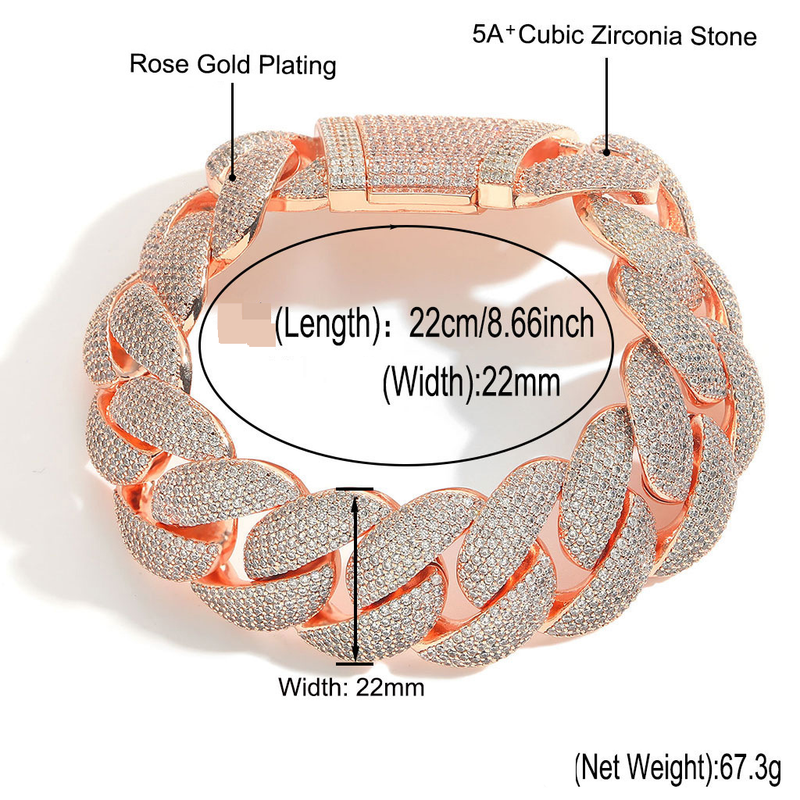 Bracciale unisex Hip Hop in oro rosa da 22 mm con catena cubana a bolle, alla moda, da uomo, con gioielli Hip Hop._voghion.com