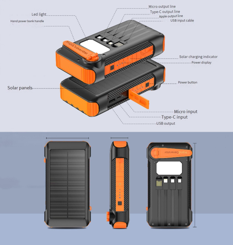 Power Bank Fast Charging 20000 MAh Solar Charger Hand Crank Power Mobile Power Large Capacity Outdoor Power OEM_voghion.com