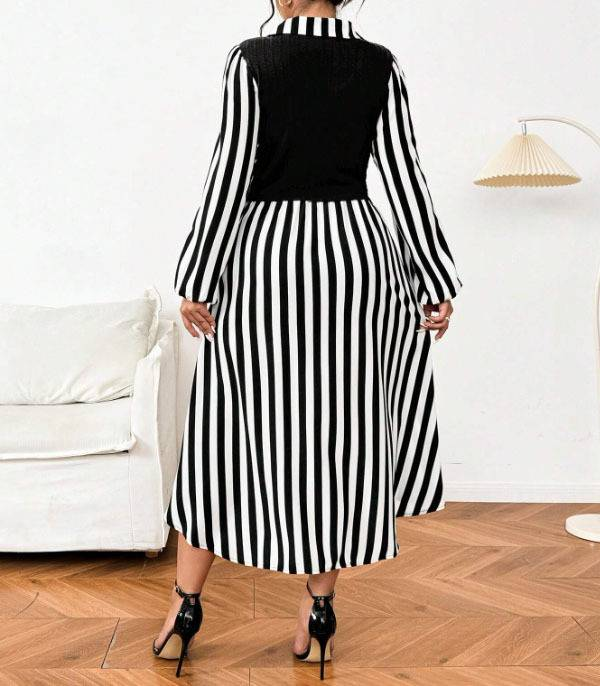 Abito a camicia a righe taglie forti con colletto – Elegante abito a trapezio bianco e nero per donna_voghion.com