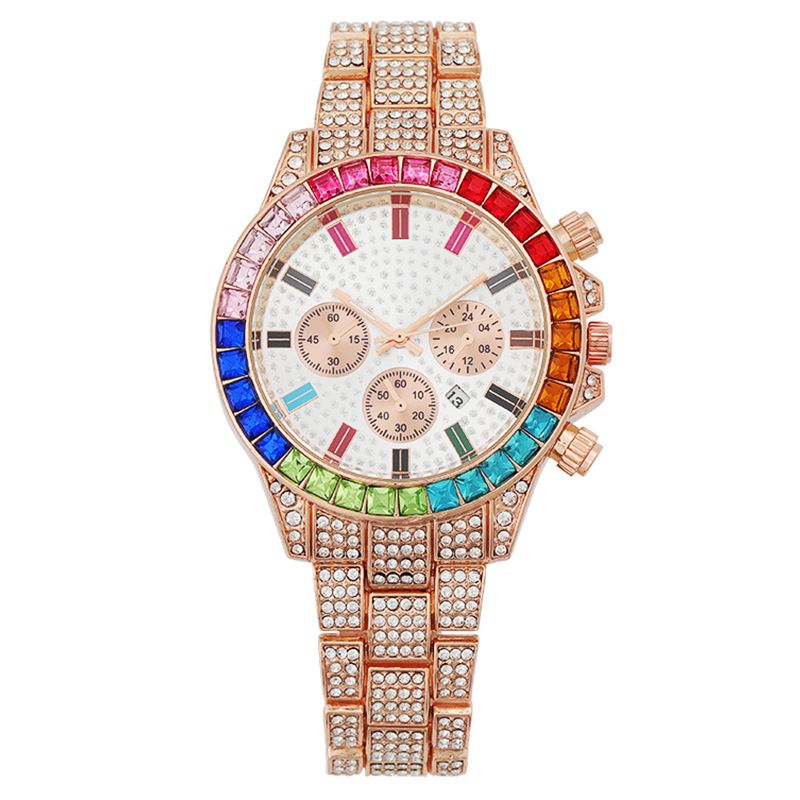 Women's Elegant Three-Eye Calendar Watch With Colorful Rhinestones, Round Dial, Alloy Band, And Mineral Crystal Full Diamond Ladies Watch Female Watch_voghion.com