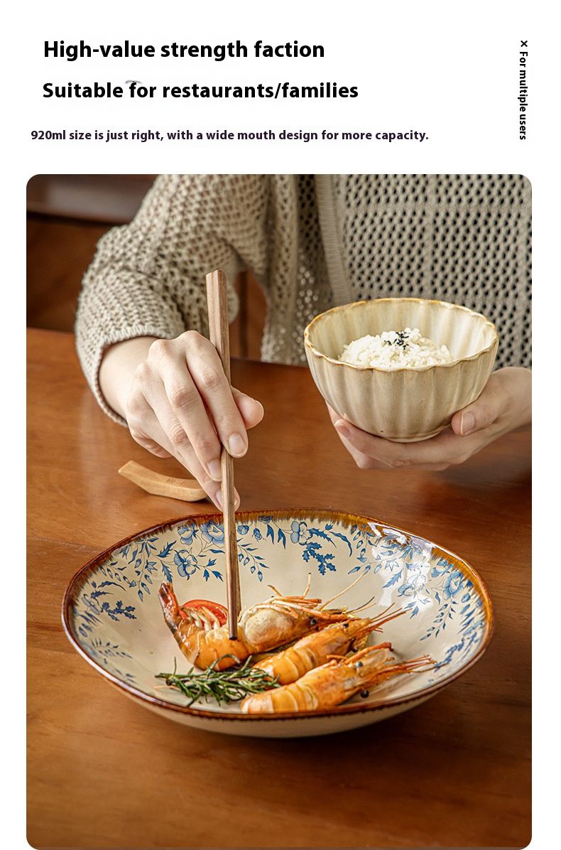 Bohemian Blue Lotus Ceramic Deep Dish – 9" Floral Pasta Plate For Salad, Soup & Home Dining (Hand-Painted, Microwave Safe, Irregular Edge Design)_voghion.com