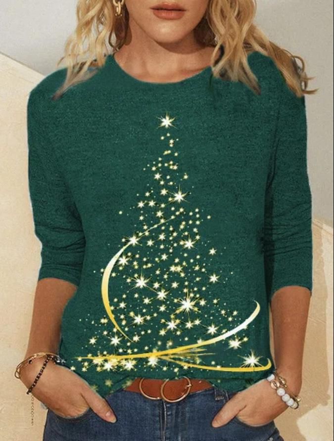 Cozy Christmas Print T-Shirt – Long Sleeve Round Neck Women's Top With 3D Holiday Designs ( Polyester-Cotton Blend For Softness & Durability)_voghion.com