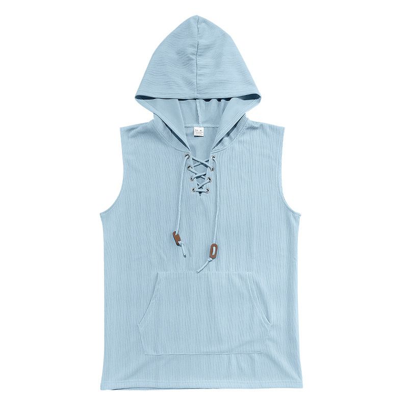 Camiseta sin mangas nueva para hombre, de moda, de sección delgada, informal, con capucha, de color sólido, con lazo, camiseta interior_voghion.com