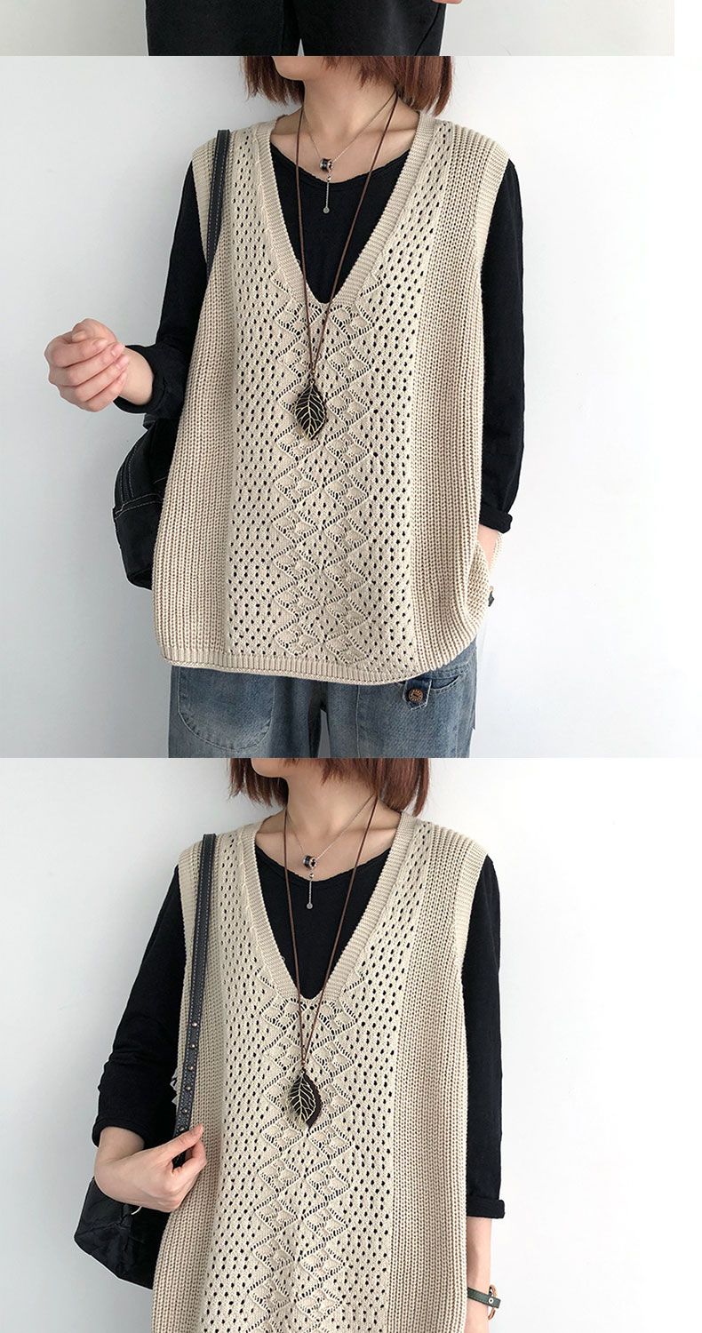 Pull-over rétro à col en V pour femme, collection printemps-été-automne 2025. Coupe ample et fine. Tailles généreuses._voghion.com