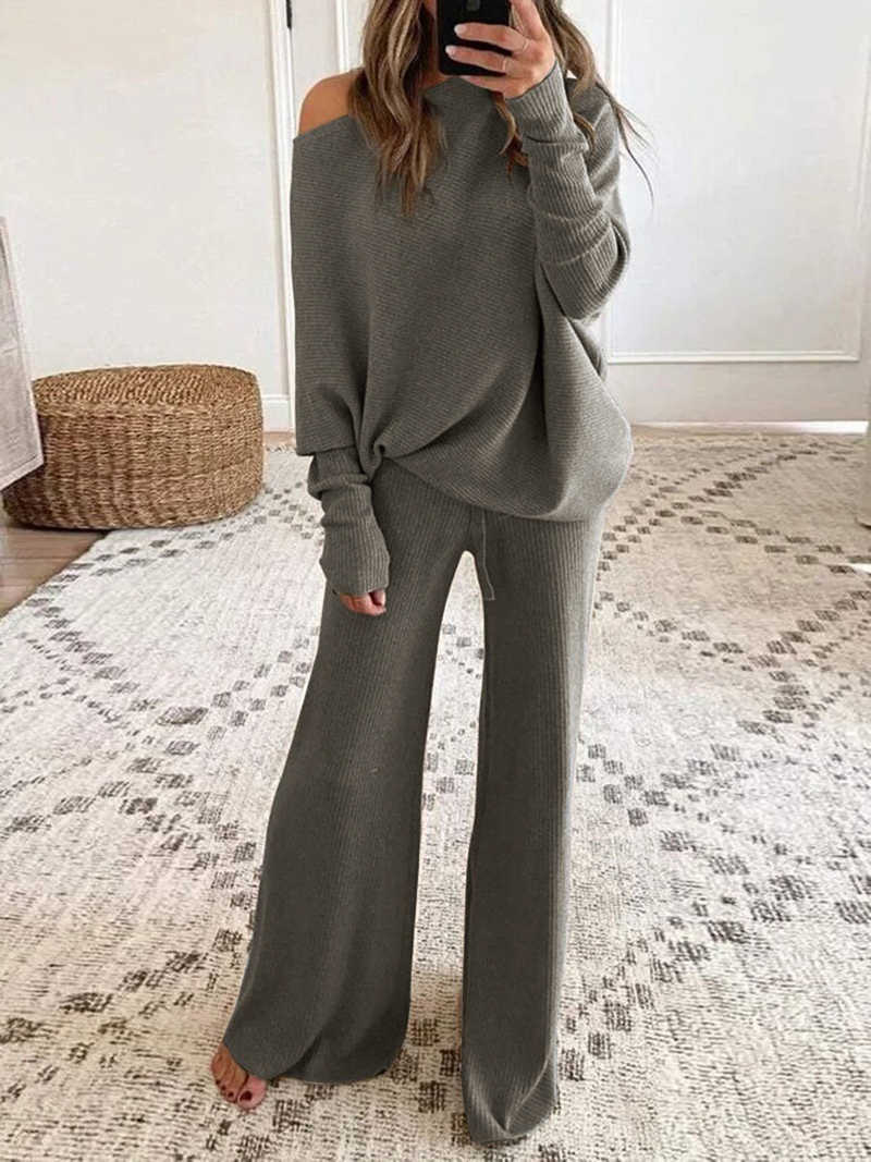 Dameskleding effen kleur ronde hals lange mouwen casual tweedelig pak_voghion.com