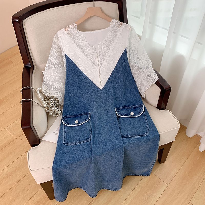 Abbigliamento da donna taglie forti, abito in denim con scollo a V e cuciture in pizzo XX2522_voghion.com