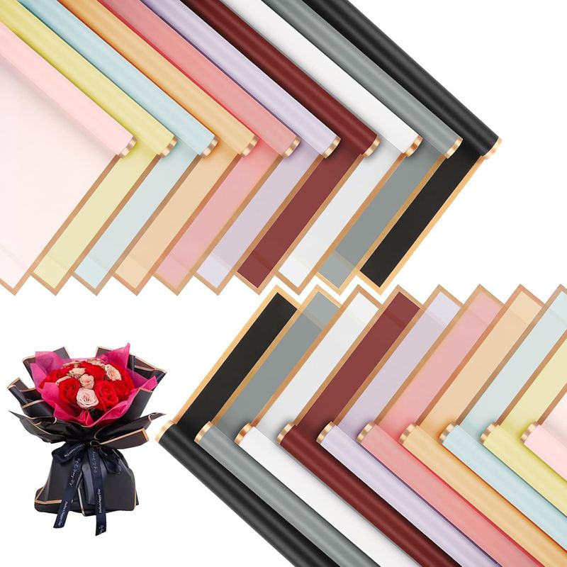 Blumenpapier mit goldenem Rand, 10 Blatt, wasserfest, Floristen-Blumenstrauß-Zubehör für DIY-Bastelsträuße, Hochzeitsgeschenke, 57,9 x 57,9 cm_voghion.com