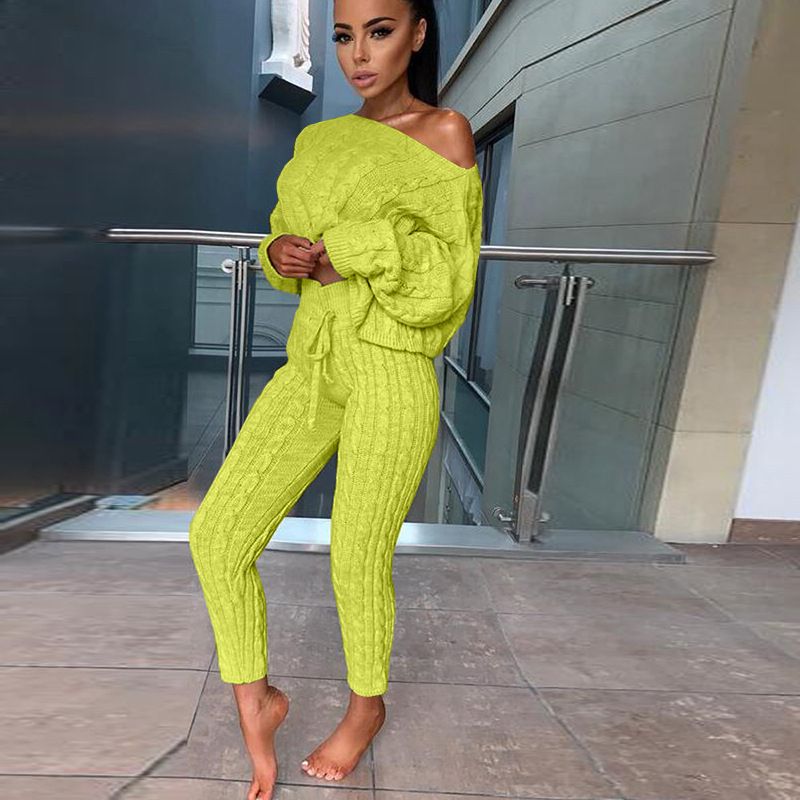 Women's fashion set crew-neck wool-knitted trousers long-sleeved set sweater_voghion.com