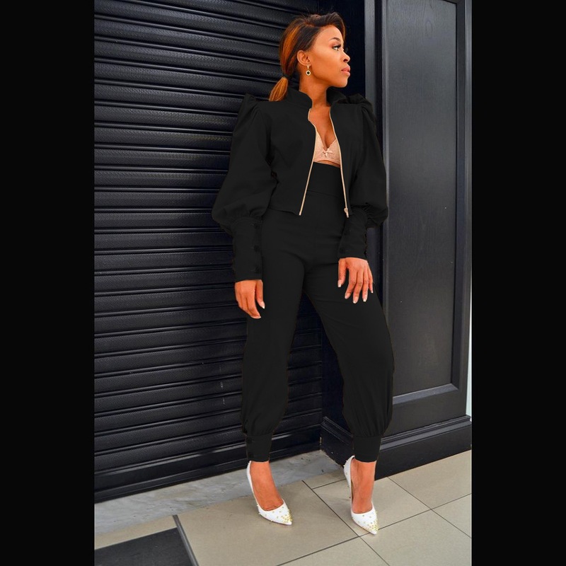 Damenbekleidung Mode Persönlichkeit Design Sinn für einfarbige Blase Ärmel Reißverschluss hoch taillierte Hose zweiteiliger Anzug_voghion.com