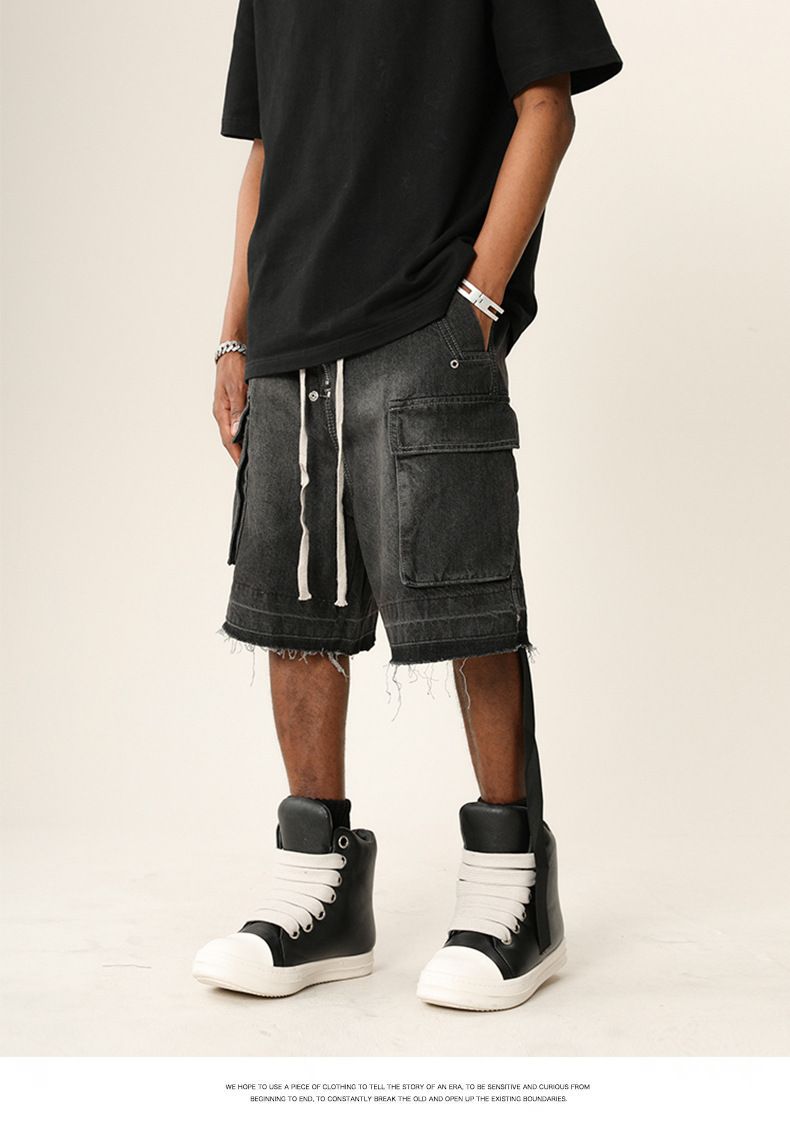 Herreklær High Street Vibe Vasket, slitt denimshorts med rå kanter Trendy merkevare Løse shorts med flere lommer_voghion.com