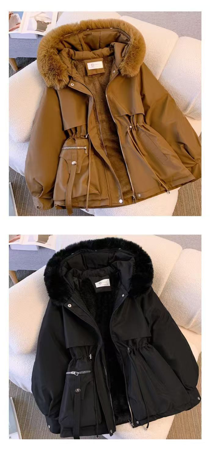 Fleecegefütterte Daunenjacke mit Pelzkapuze für Damen, warm, mit Kordelzug und Reißverschluss, gepolstert, Parkas, lässig, Baumwollmäntel, Puffer-Outwears_voghion.com