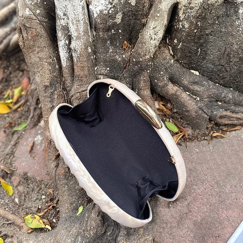 Borsa a conchiglia in acrilico con motivo irregolare francese, pochette da banchetto, scatola per trucco da sera, perlacea_voghion.com