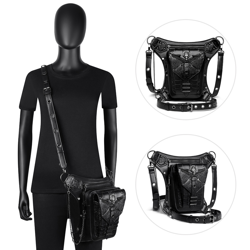 New Steampunk Women's Shoulder Crossbody Bag Skull Head Chain Bag Outdoor Motorcycle Waist Bag for Men_voghion.com