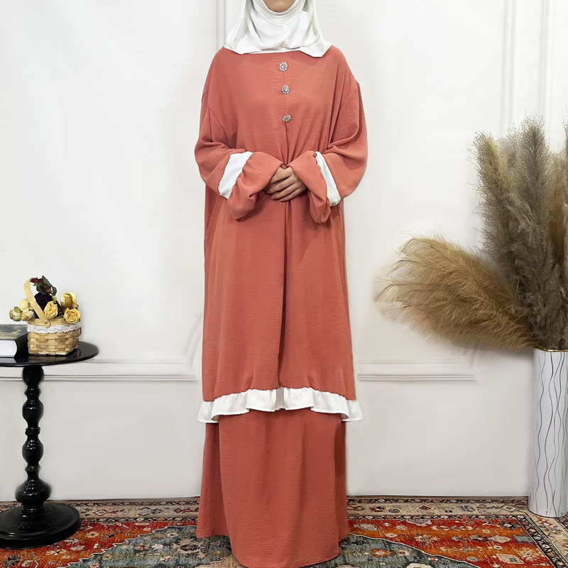 Women's Clothing Solid Color Ruffled Burkha Two Piece Set_voghion.com