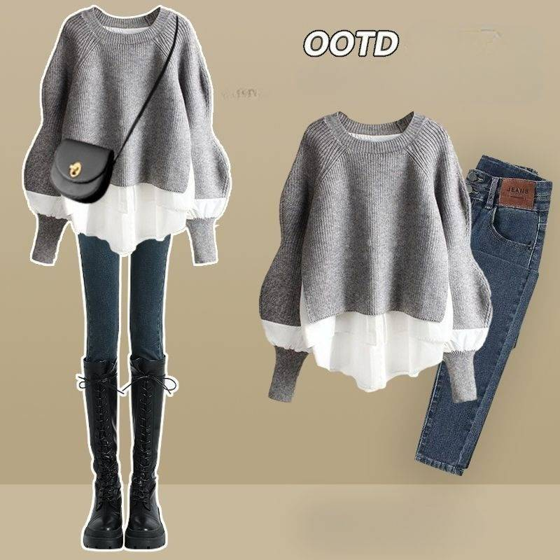 Women's Clothing Autumn Suit Temperament Two Piece Shirt Top Slim Jeans Plus Size Two Piece Suit_voghion.com