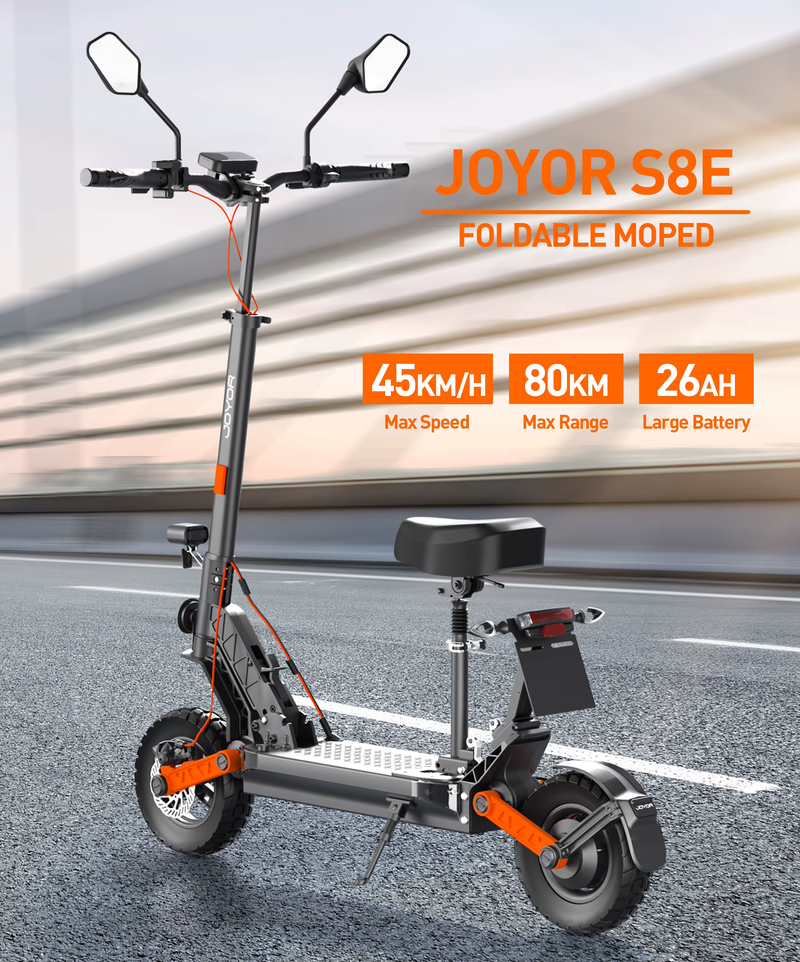 Električni skuter JOYOR S8E, motor 800 W, baterija 48 V 26 AH, 10-palčne pnevmatike, največja hitrost 45 km/h, doseg 80 km, sprednja in zadnja kolutna zavora_voghion.com