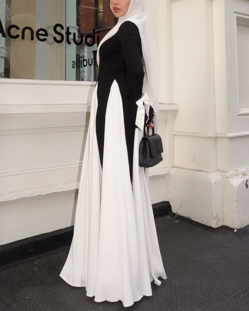 Abbigliamento da donna Primavera Nuovo Nero e Bianco Giunture Lungo Elegante Abito da sera da donna Gonna lunga_voghion.com