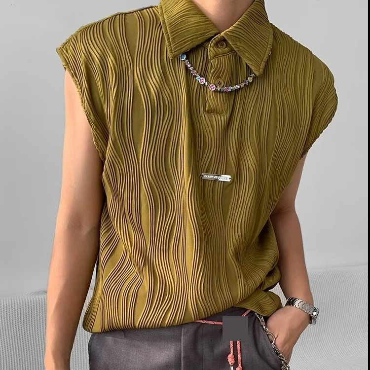 Underwear & Sleepwears Lapel Button Metal Vest Men's Ruffled Wave Texture Sleeveless T-Shirt Unique Waistcoat Jacket - White, Black, Green (M-3XL)_voghion.com