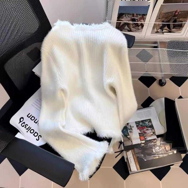 Elegant Cropped Cardigan Women's Knit Sweater Oversized V-Neck Long Sleeve Top With Flared Cuffs Soft Sheep Wool Blend Casual Loose Fit Anime Print_voghion.com