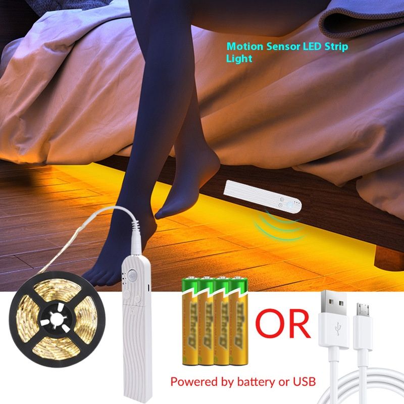 Tira de luces LED con sensor de movimiento, alimentada por USB y batería, 60 LED/m, detección de 120° para armarios, escaleras y gabinetes (longitud personalizada de 0,5 a 5 m)_voghion.com