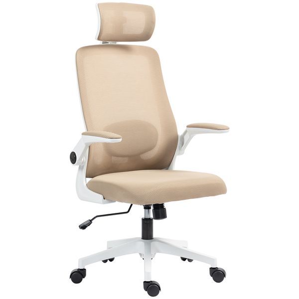 HOMCOM Mesh Chair, Office Chair With Rotatable Headrest, Flip-up Arms, Adjustable Lumbar Support, Smooth Mobility, Khaki_voghion.com