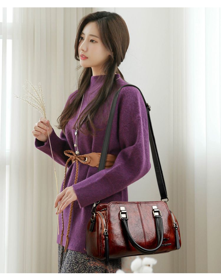 Women's Bag New Fashion Retro Versatile Contrasting Color Boston Pillow Bag Soft Leather Hand-held Large Capacity Mother Bag_voghion.com