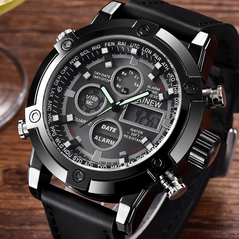 Men's Sport Watch With Analog-Digital Display, GMT Function, Date & Week Indicator, Luminous Hands, PU Leather Strap, Alloy Case_voghion.com