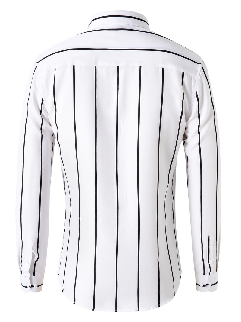 Camicia da uomo a maniche lunghe a righe larghe slim fit casual moda nero bianco top_voghion.com