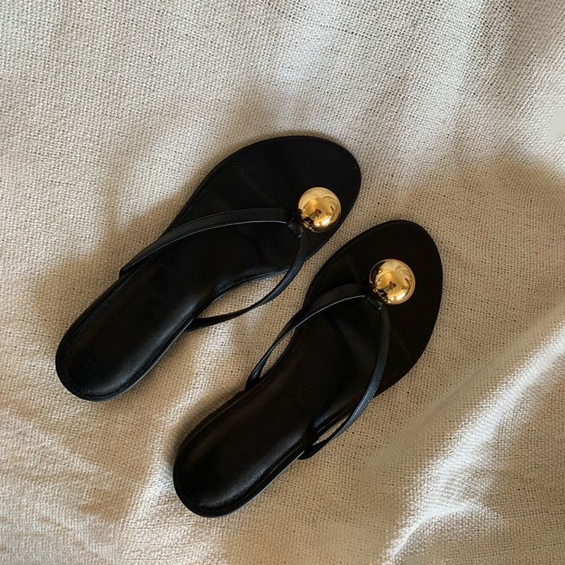 Versione in pelle di pecora ~ Infradito da esterno alla moda in vera pelle con perle in metallo per donna, estive, piatte, da spiaggia, a metà slip_voghion.com