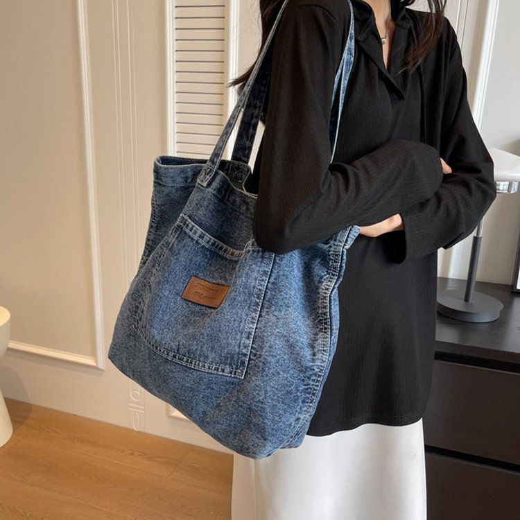Borsa shopping in denim di grande capacità da donna, semplice in tela per studenti, a tracolla e a mano_voghion.com