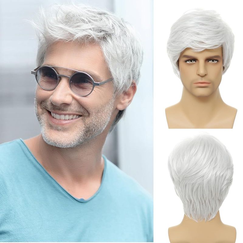 Men's Short Straight Synthetic Wig - White Side Parted Hairpiece (Fashionable Full Cap Heat Resistant Natural Look)_voghion.com