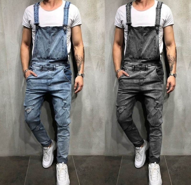 Roupas masculinas Macacão jeans estiloso frente única rasgado jeans e calças macacão pop pop_voghion.com