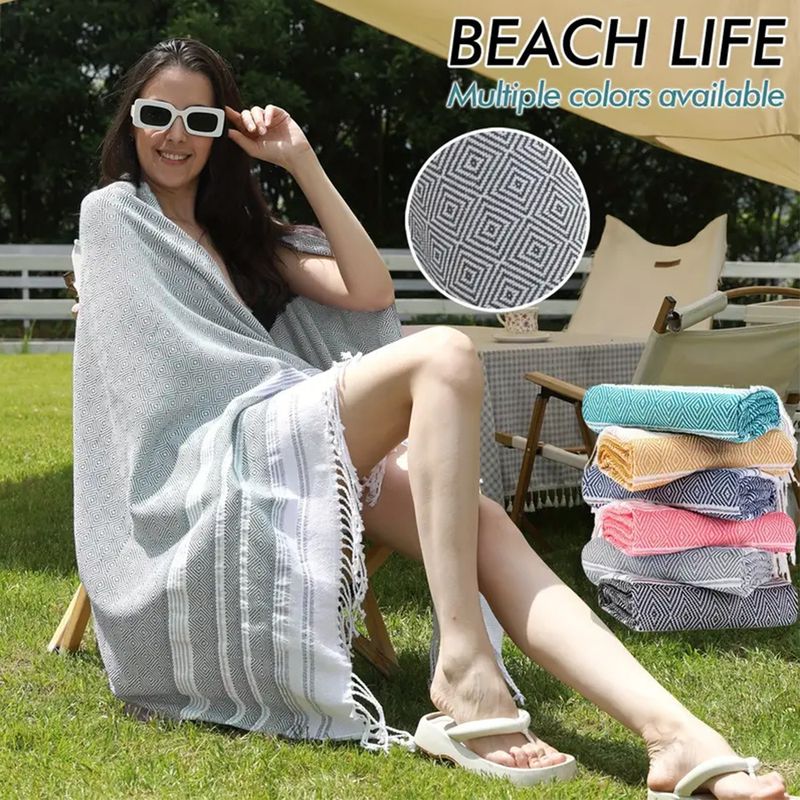 Diamond Checkered Non Sand Turkish Beach Towel Cotton Tassel Bath Towel Turkish Towel Beach Sunscreen Shawl_voghion.com