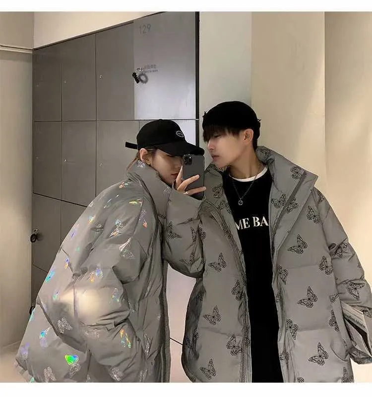Veste parka rembourrée réfléchissante pour homme et femme, manteau d'hiver épais, coupe-vent, ample et chaud, avec papillon brillant_voghion.com