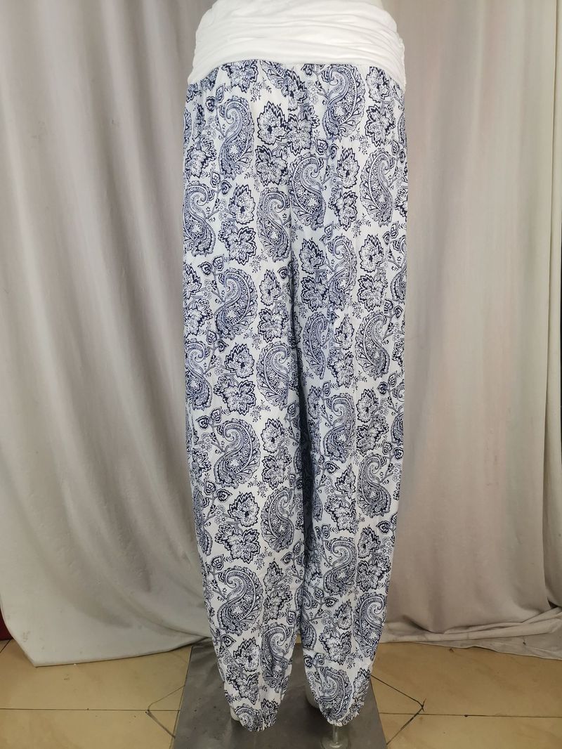 Roupas femininas Impressão digital Calças longas e largas Calças casuais Calças harém_voghion.com