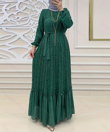 Abbigliamento da donna Nuovo chiffon a pois con cintura Abito musulmano alla moda ed elegante_voghion.com