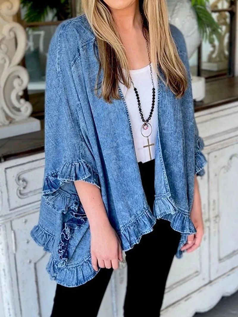 Women's Clothing Denim Cape Jacket With Flounce Hem – Stylish Batwing Sleeve Open Front Cardigan For Fall_voghion.com