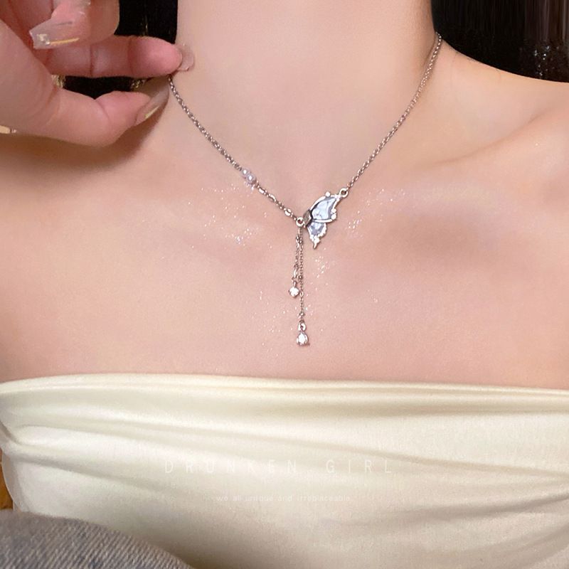 Cool butterfly tassel pearl necklace for women summer new clavicle chain sweet and cool versatile temperament girlfriend accessories_voghion.com