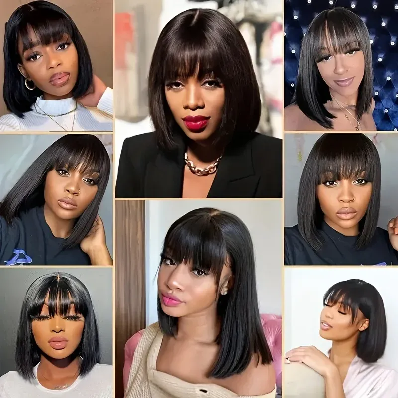 Cheap Short Bob Human Hair Wigs With Bangs Fringe Wig Straight Lace Middle Part for Women_voghion.com