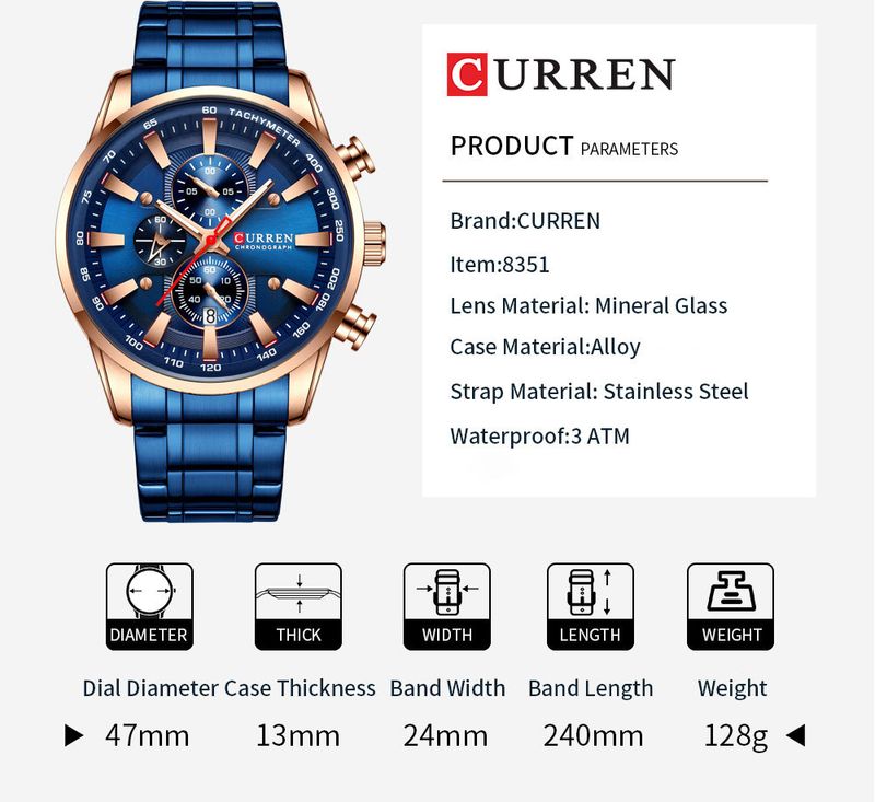 Curren 8351 Herren-Multifunktions-Quarzuhr mit Datumsanzeige, wasserdichte Armbanduhr mit rundem Zifferblatt für Business und Freizeit_voghion.com
