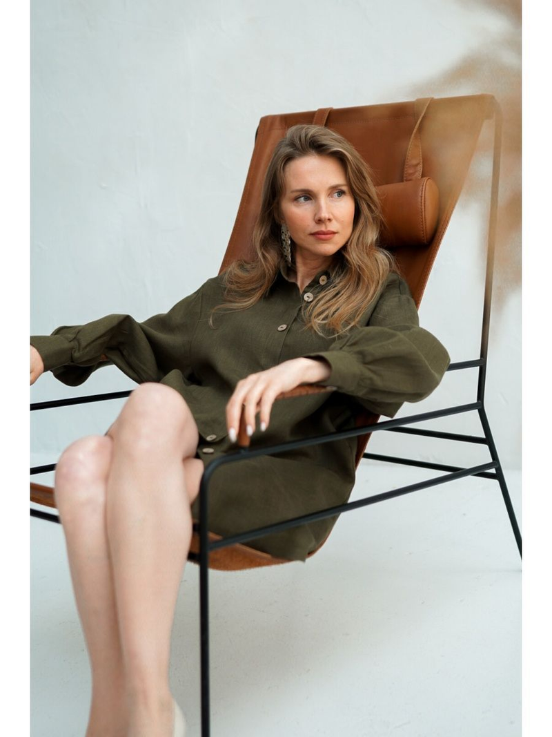Abito camicia di lino nuovo abito casual con pantaloncini camicia con maniche a lanterna verde scuro_voghion.com